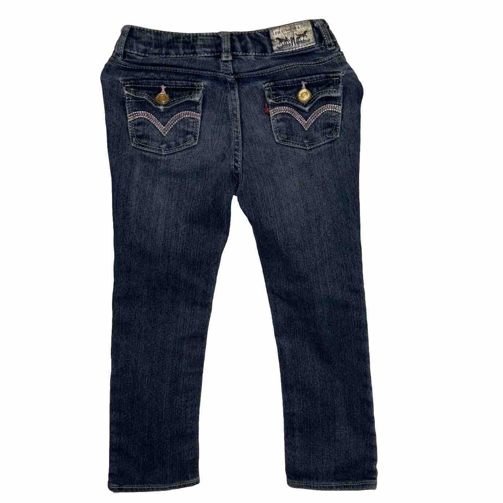 Levi's Strauss Co Straight Denim Girls 4R Dark Wash Pink Stitch Adjustable Waist